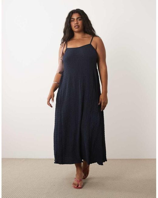 Vila Curve Blue Jacquard Jersey Cami Midi Dress With Waist Details