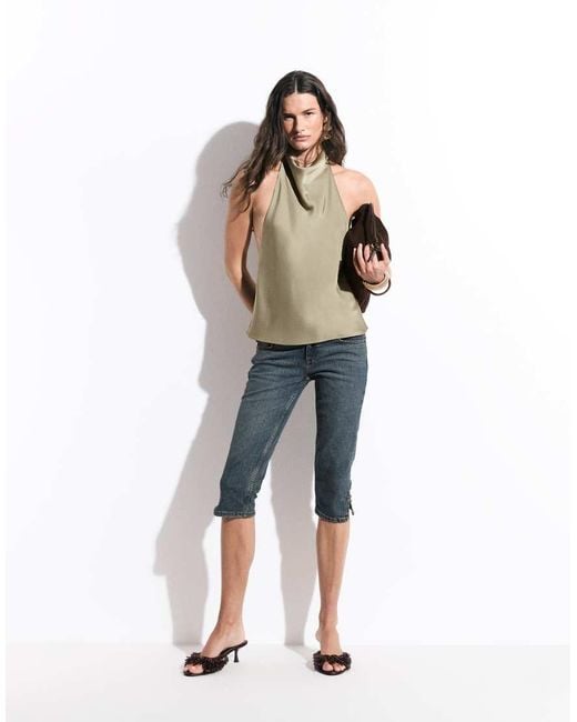 Kaiia Green Exclusive Satin High Neck Cowl Low Back Top