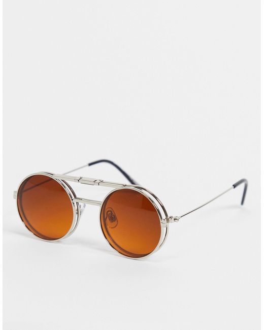 Spitfire Brown – lennon flip – runde, silberne unisex-sonnenbrille zum hochklappen mit en gläsern