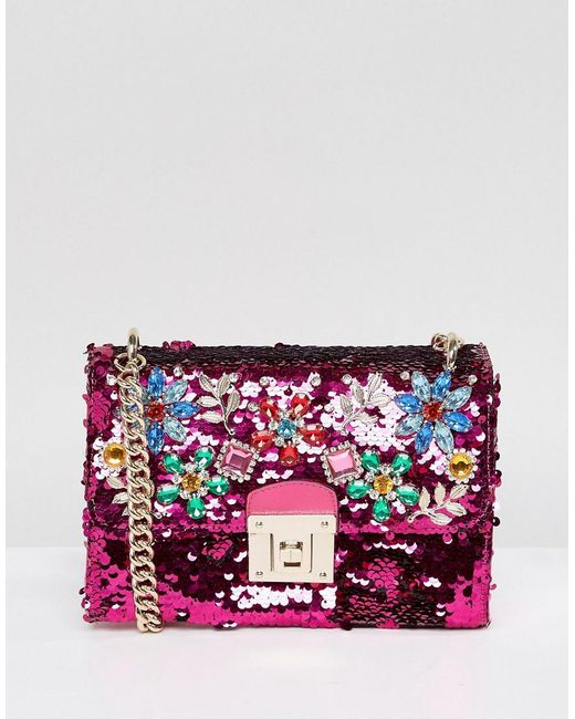 ALDO Pink All Over Sequin Cross Body Bag With Floral Gem Embellishment