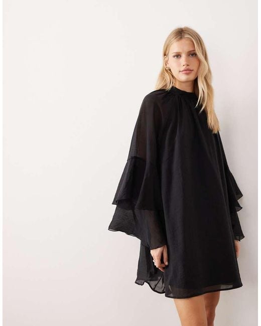 Aware Black Flared Sleeve High Neck Mini Dress
