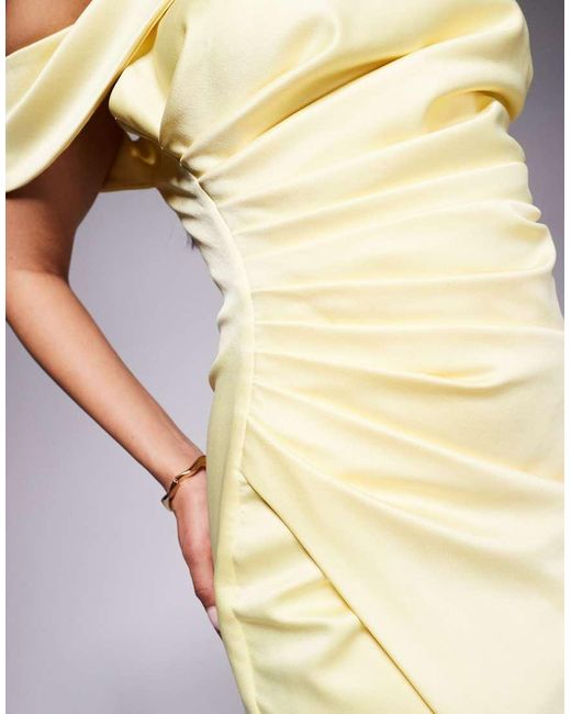 Lavish Alice Blue Asymmetric Neckline Pleated Satin Midi Dress