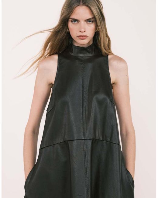 ASOS Black High Neck Leather Look Maxi Dress With Stitching Detail