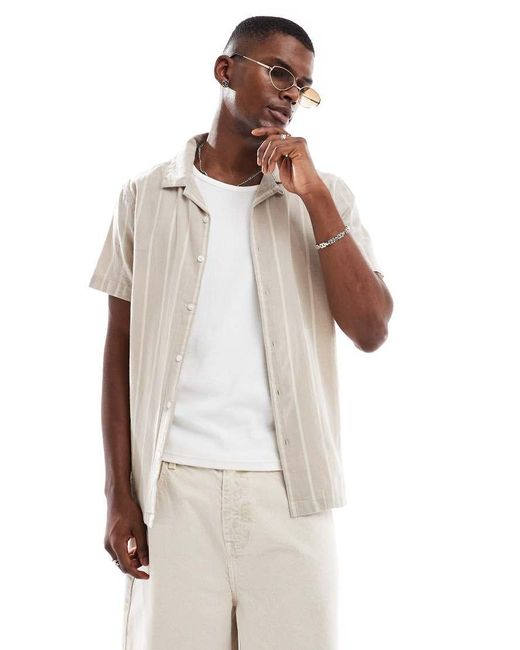 Brave Soul White Cotton Short Sleeve Stripe Shirt With Linen for men