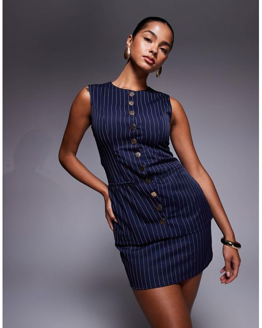 Kaiia Blue Exclusive Sleeveless Hammered Gold Button Detail Waistcoat Top Co-ord