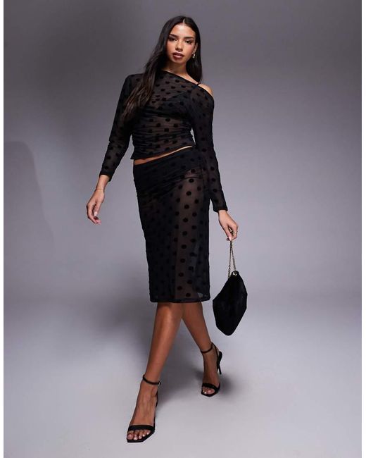 Falda Midi Negra Con Patrón De Lunares Flocados De Malla Transparente De ASOS de color Black