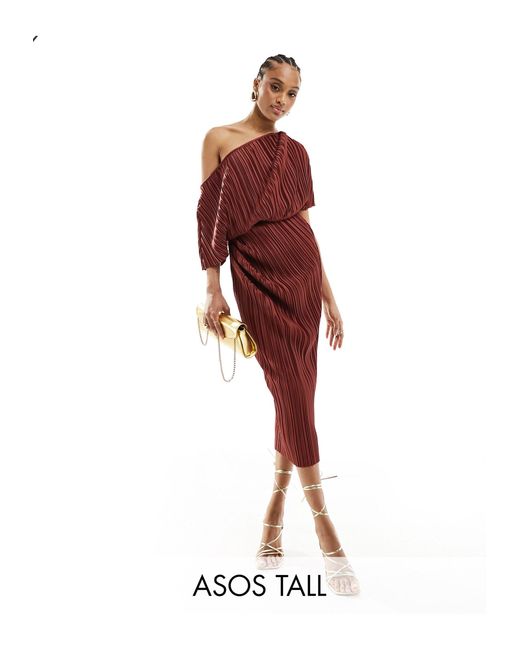 Asos design tall - robe plissée mi-longue à épaules tombantes - rouille ASOS en coloris Red