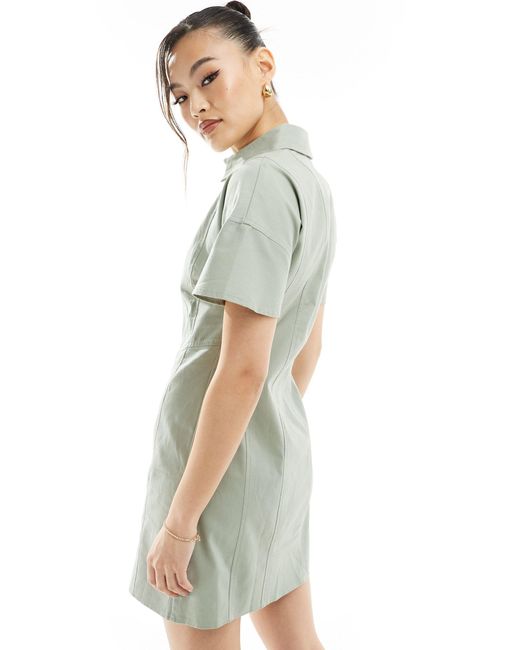 ASOS Green Mini Twill Shirt Dress With Seaming Detail