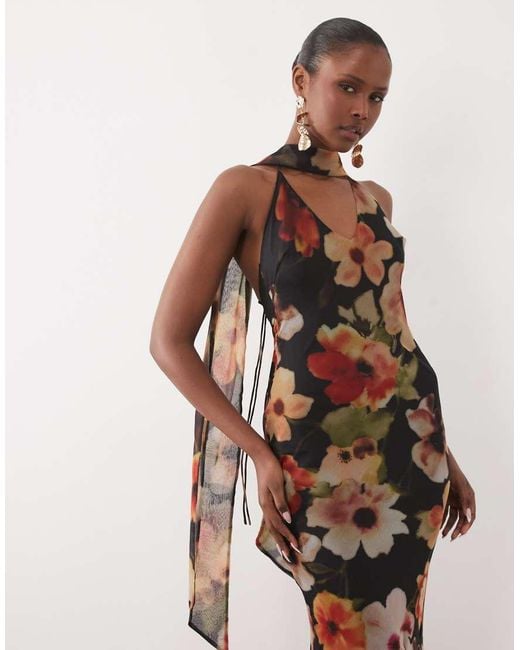 ASOS Natural Bias Cut Plunge Cami Maxi Dress With Full Godets And Scarf Detail