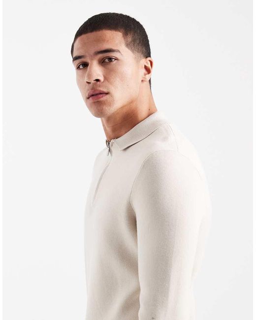 Only & Sons White Knitted Half Zip Polo Top for men