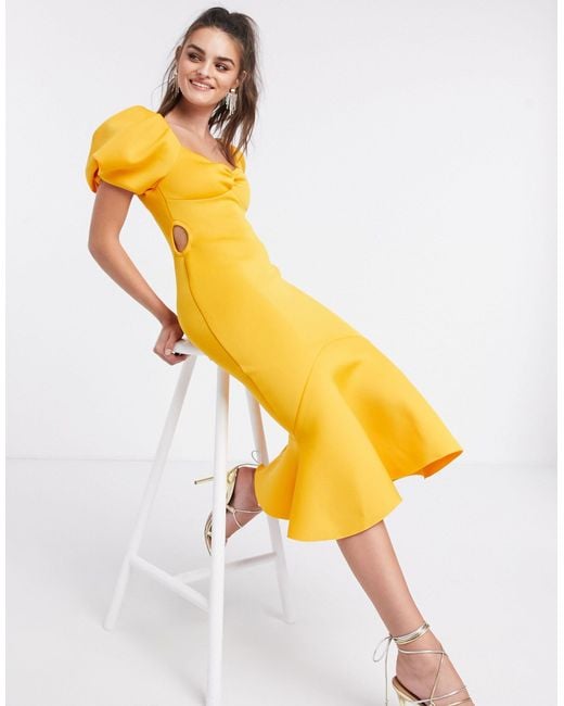 ASOS Yellow Puff Sleeve Side Cut Out Midi Dress