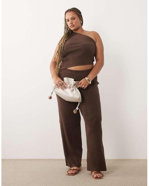 ASOS Brown Asos Design Curve One Shoulder Knit Rib Top Co-Ord