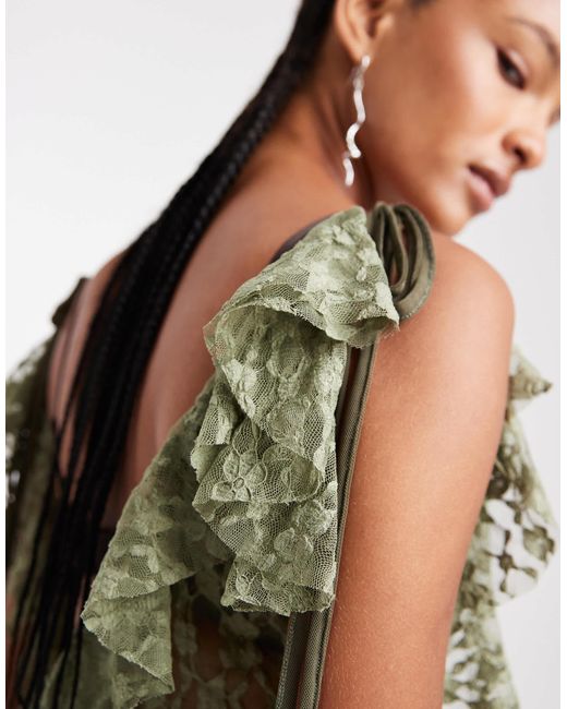 ASOS Green Asymmetric Sheer Lace Maxi With Shredded Detailing And Exposed Seams