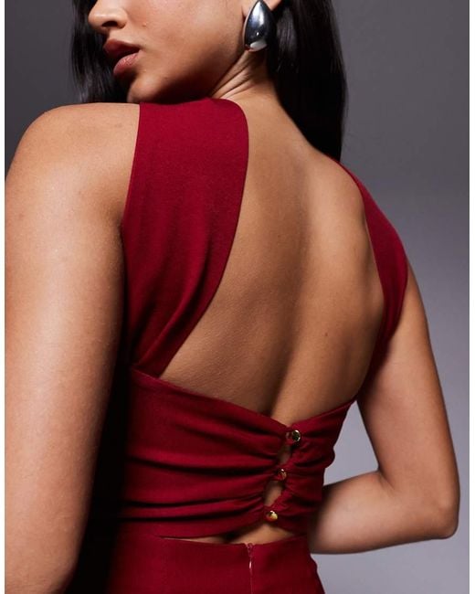 Vesper Red Bengaline Bandeau Choker Detail Back Button Detail Maxi Dress