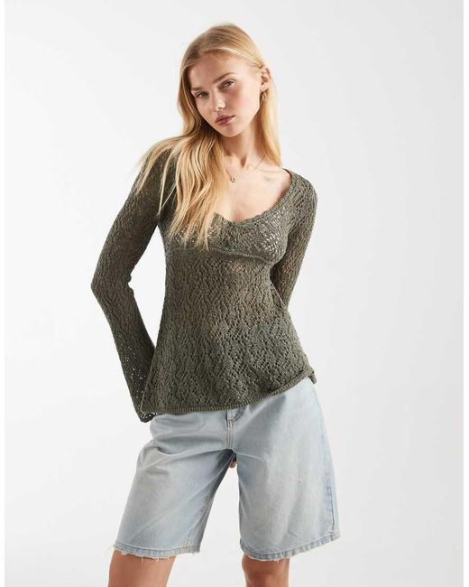 Hollister Gray Long Sleeve Boho Babydoll Top