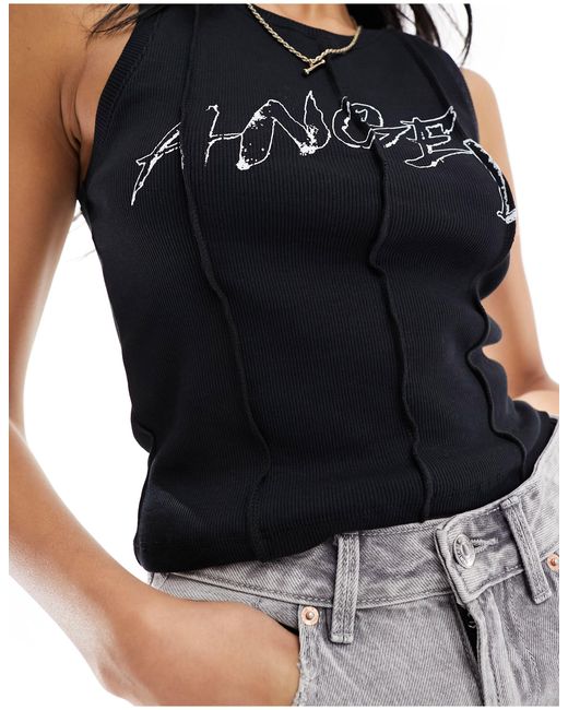 Noisy May Black Seam Detail Tank Top With Angel Print