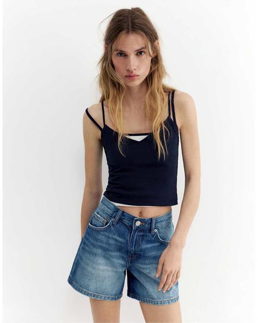 Pull&Bear Blue Mid-waist Denim Bermuda Shorts