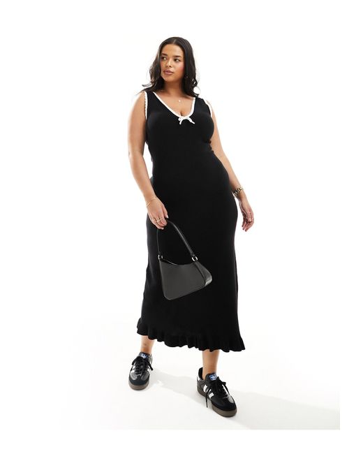 ASOS Black Asos Design Curve Knitted Moss Stitch Maxi Dress With Contrast Trims