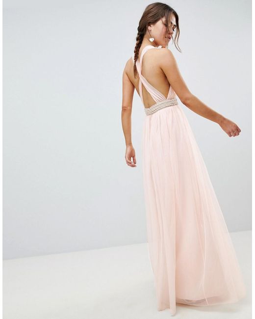 asos design tulle bow tie tiered maxi dress in champagne
