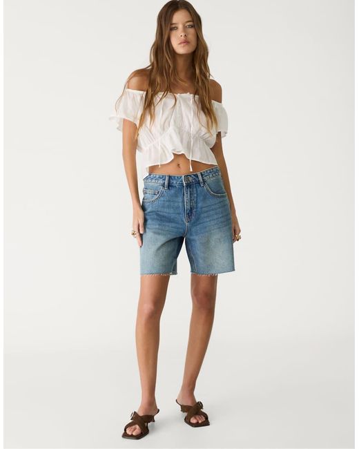 Stradivarius Bermuda Denim Short Met Halfhoge Taille in het Blue
