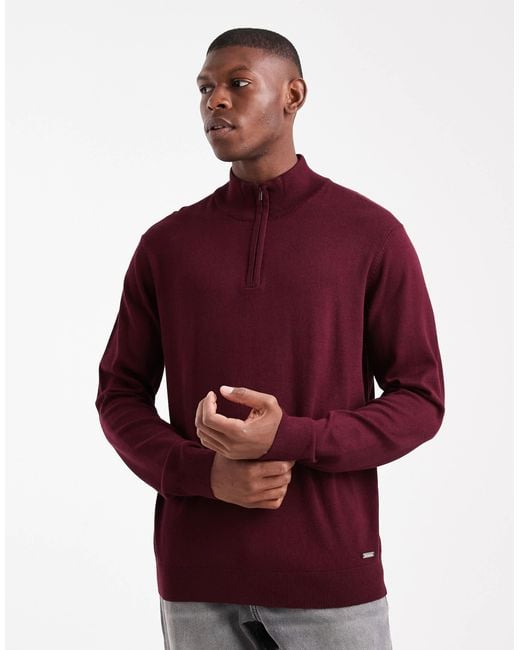 Threadbare Red 1/4 Zip Knitted Jumper for men