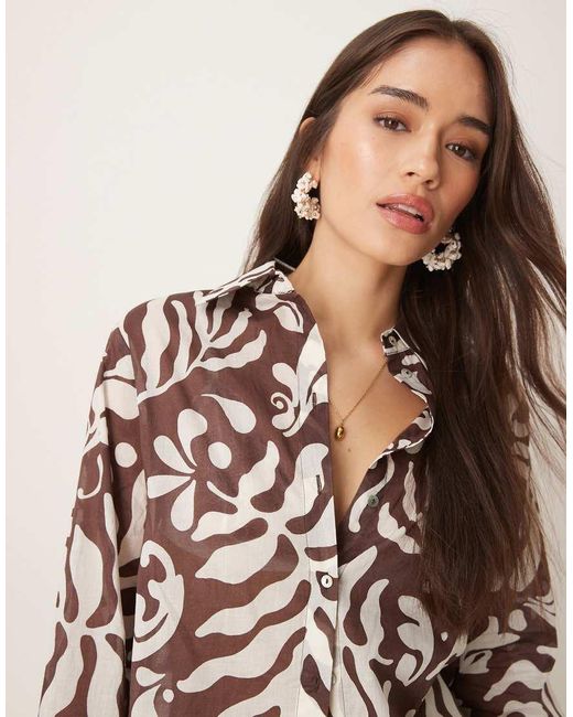 Camicia A Maniche Lunghe Con Stampa Botanica Astratta di Mango in Natural