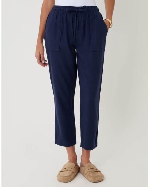 Threadbare Blue Petite Linen Blend Drawstring Waist Tapered Trousers