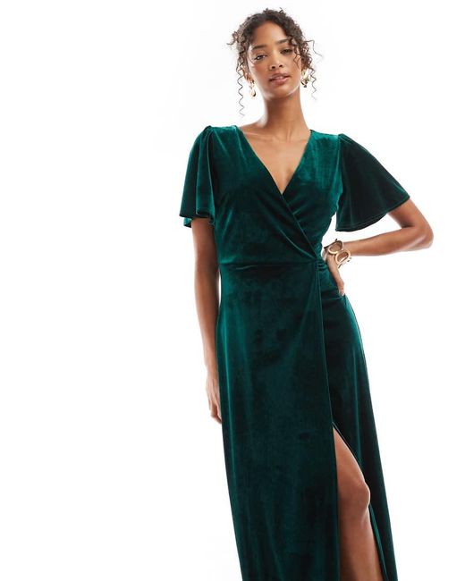 Maya Green Faux Wrap Velvet Bridesmaid Maxi Dress
