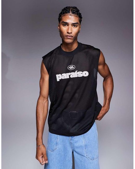 Camiseta Negra Extragrande Sin Mangas Con Estampado Gráfico De Texto De Airtex De ASOS de hombre de color Blue