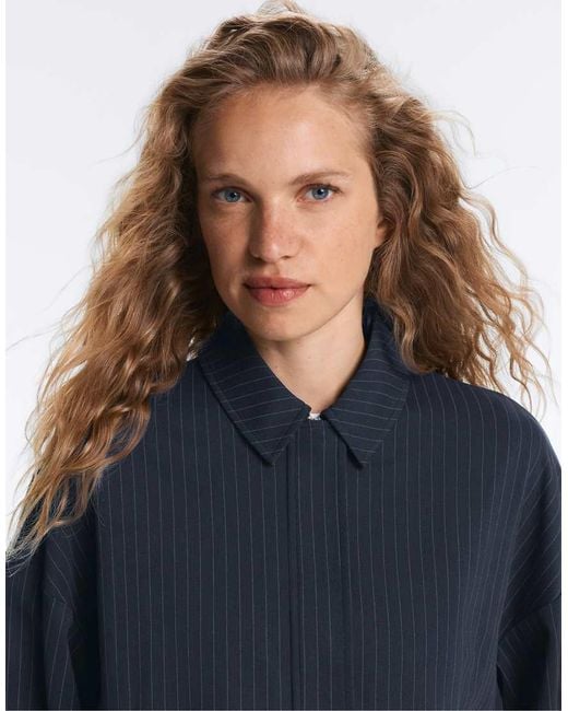 Oysho Blue Pinstripe Piqué Polo Neck Jacket With Cotton