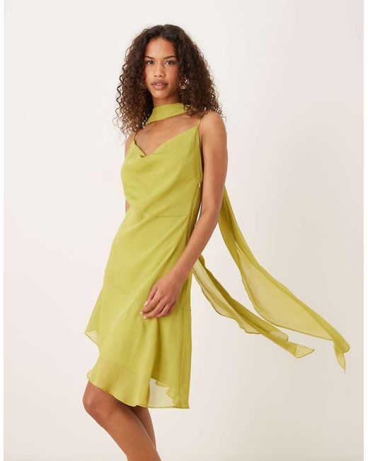 Six Stories Yellow Scarf Neck Asymmetric Ruffle Mini Dress