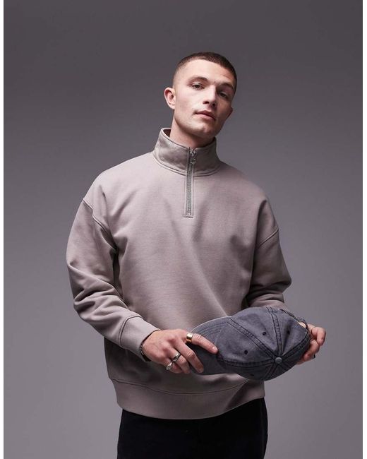 Sudadera Extragrande Con Cremallera Corta De Tejido Grueso Premium De -Beis Neutro Topman de hombre de color Gray