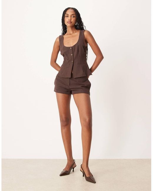 Motel Brown Ganita Scoop Neck Co-ord Button Up Pinstripe Vest