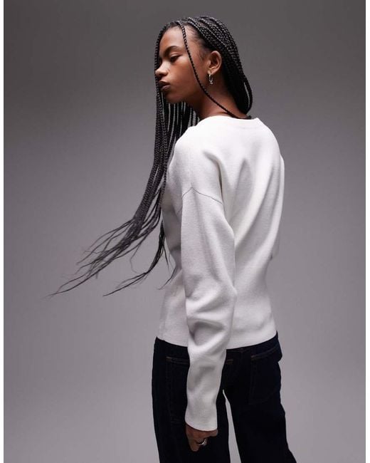 Cárdigan De Corte Alargado Con Cuello De Pico Y Cintura Entallada De Punto Compacto De -Blanco TOPSHOP de color Gray