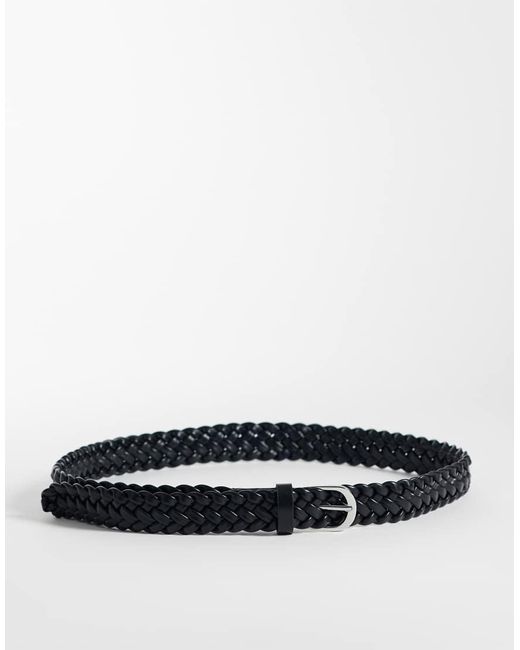 ASOS White Smart Slim Faux Leather Woven Belt With Rounded Silver Buckle for men