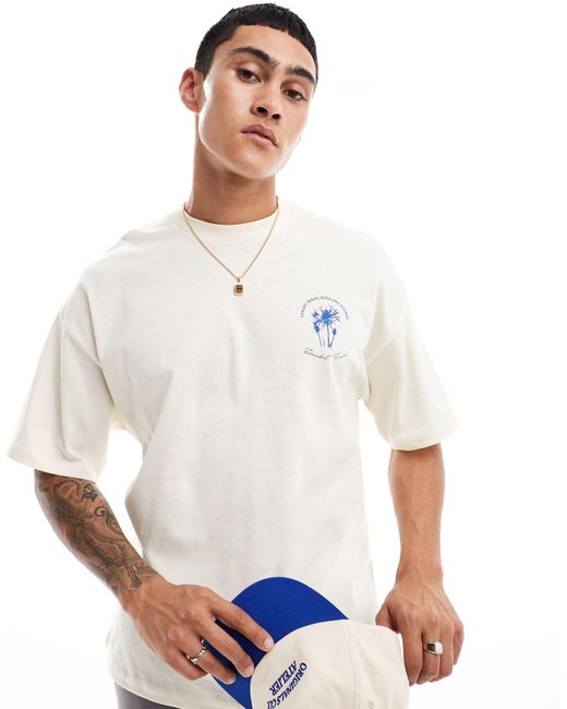Camiseta color crema extragrande con estampado "lemon holiday" SELECTED de hombre de color White