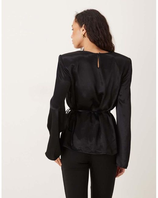 ASOS Black Satin Blouson Tie Waist Top With Shoulder Pads