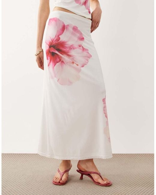 River Island Pink Mesh Floral Print Maxi Skirt