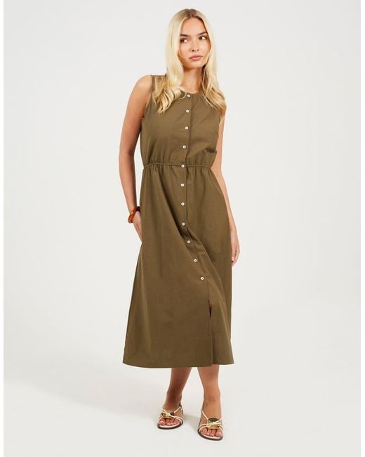 Brave Soul Natural Sleeveless Button Down Midi Dress