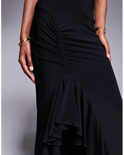 Fashionkilla Black Double Sculpted Slinky Cami Ruffle Side Split Maxi Dress