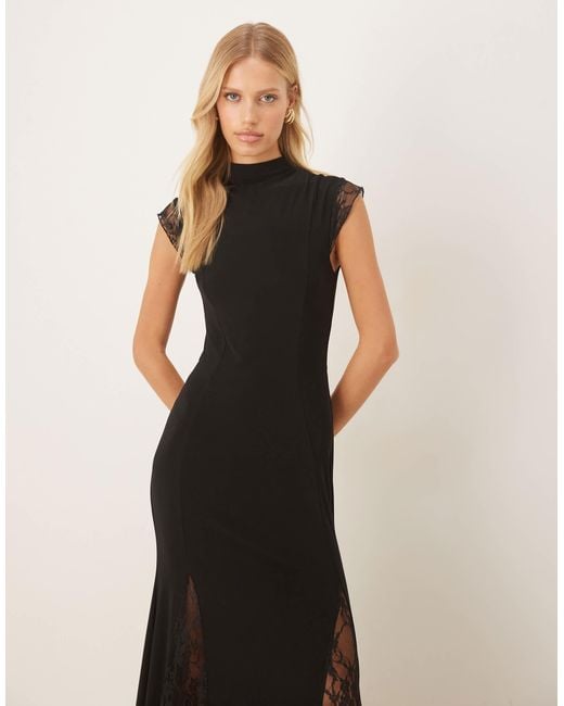 ASOS Black High Neck Cap Sleeve Maxi Dress With Lace Insert Detailing