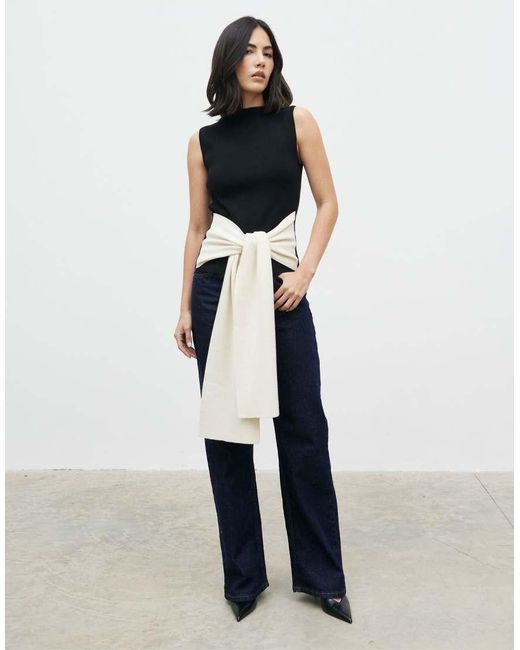 Pretty Lavish Black Ribbed Knit Sleeveless Contrast Tie Waist Detail Top