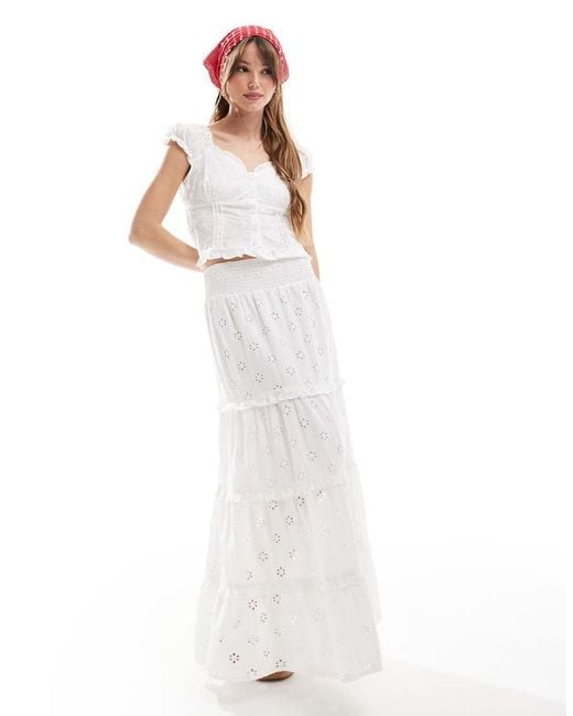 New Look White Shirred Waist Embroidered Midi Skirt