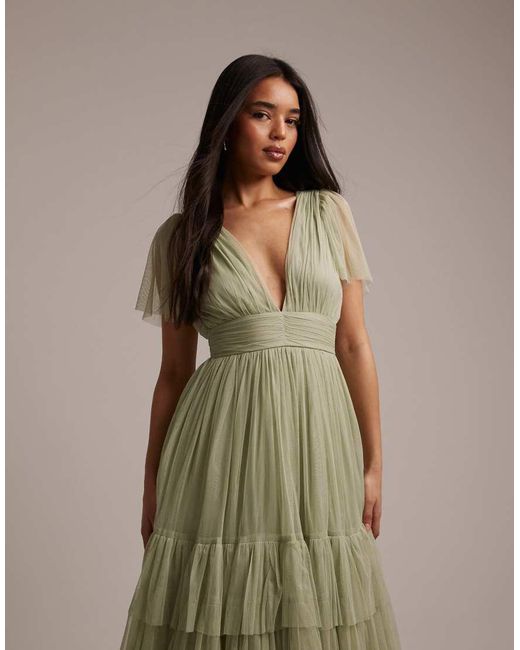 LACE & BEADS Green Bridesmaid Tulle V Neck Midi Dress