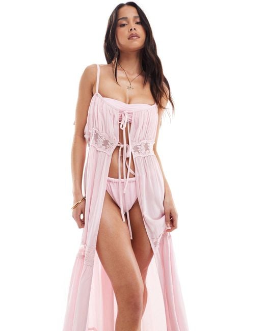 Miss Selfridge Pink Beach Lace Trim Tie Front Maxi Cover Up