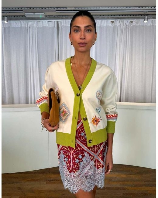 Never Fully Dressed Multicolor V Neck Button Down Embroidered Knit Cardigan