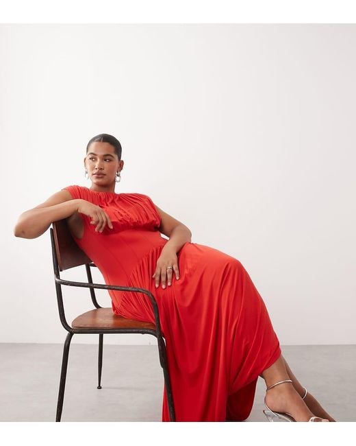 ARRANGE Red Curve Gathe Drape Maxi Dress With Cinched Waist