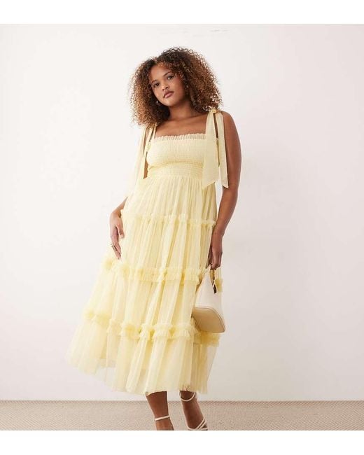 Lace & Beads Plus Natural Bridesmaid Bow Shoulder Tulle Midi Dress