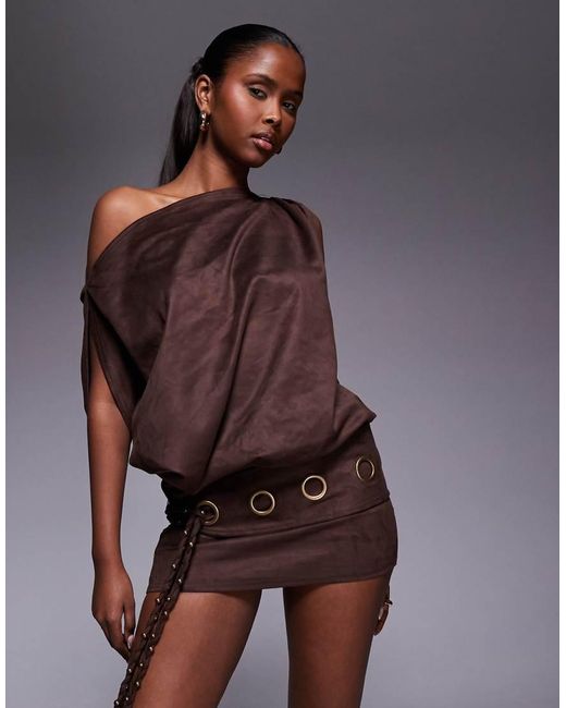 Murci Purple Faux Suede Off-shoulder Fold-over Top Eyelet Belt Detail Mini Dress