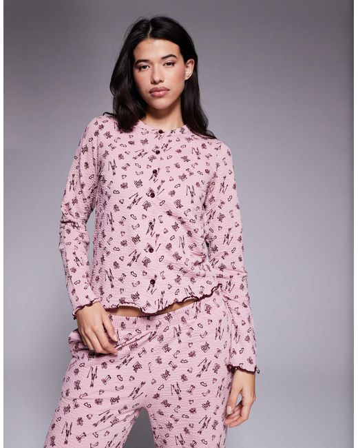 Threadbare Pink Long Sleeve Button Down Ski Print Pyjamas